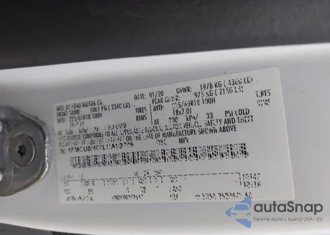 2020 Ford Escape Sel z USA, uszkodzony, nr VIN 1FMCU0H66LUA93786